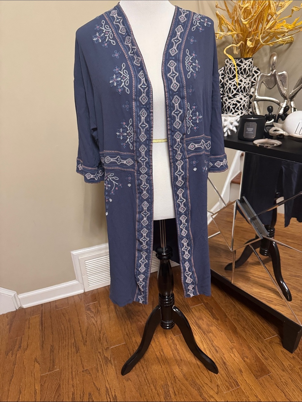 Knox Rose Navy Embroidered Open-Front Kimono Size Pre-owned